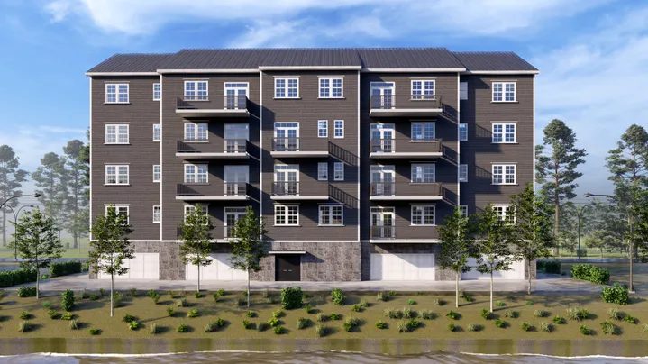 Multi-storey apartment building with landscaped frontage