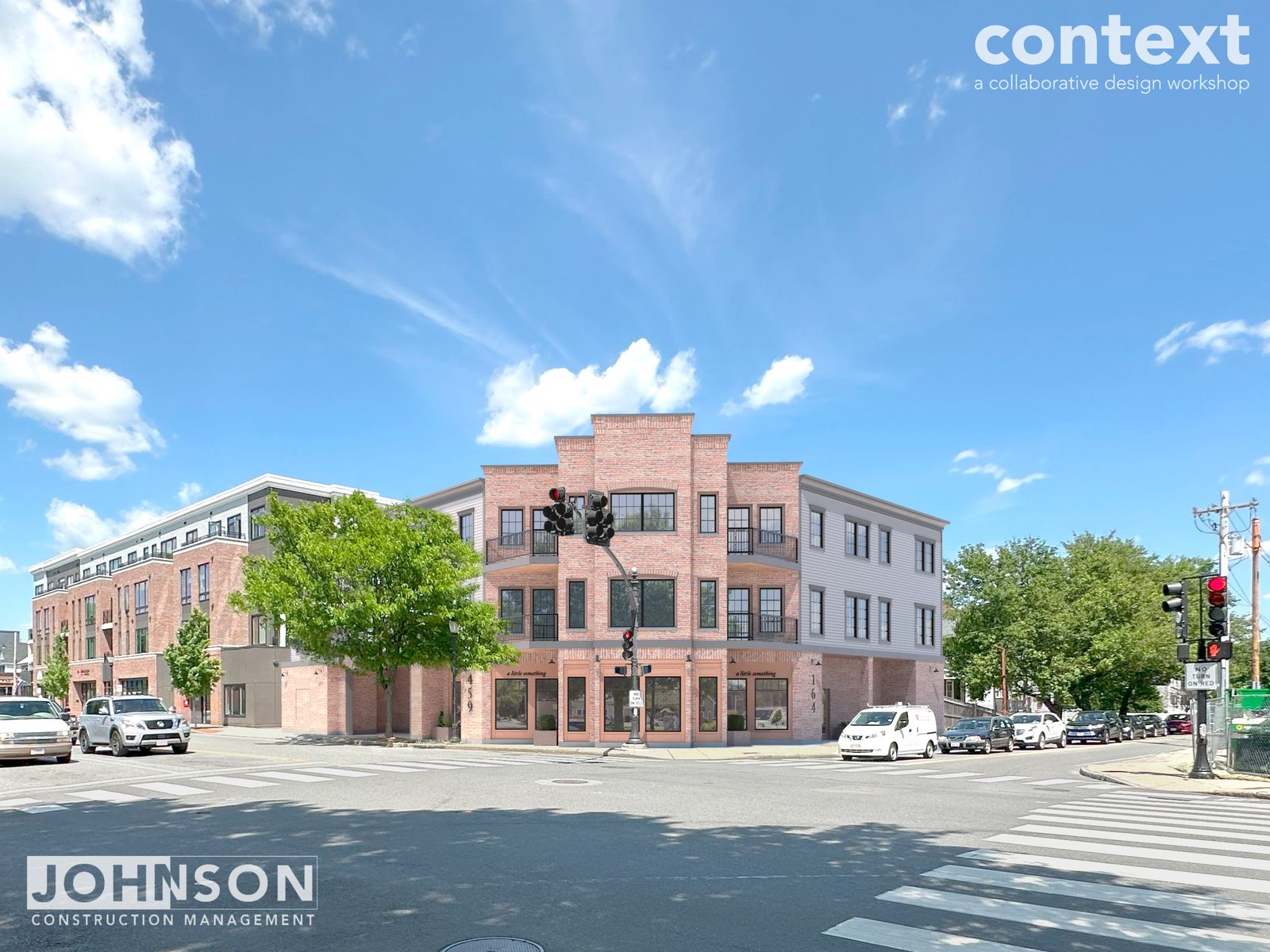 Brick corner mixed-use building with ground-floor storefronts